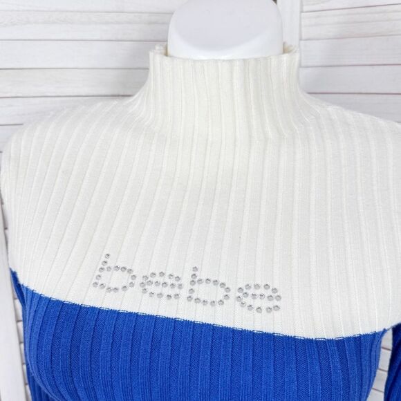 Bebe Surf The Web Rhinestone Logo Ribbed Knit Sweater Dress Blue Ivory XL - Picture 5 of 11